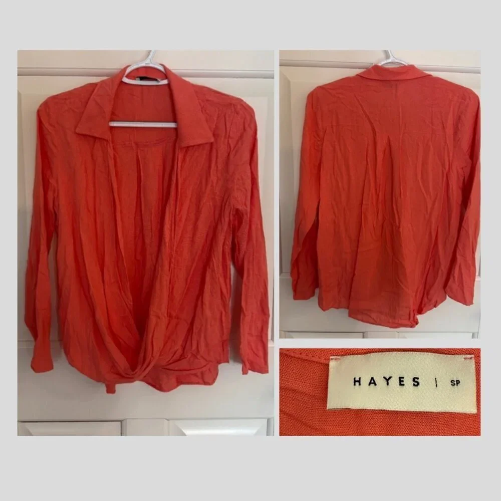 Hayes Coral Pink Long Sleeve Faux Wrap Blouse Top 31788